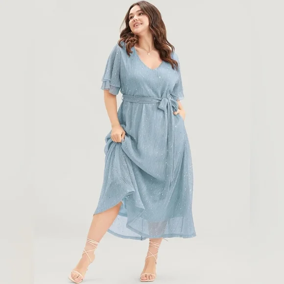 Chiffon, Sparkly Dress, W/ Ruffle Sleeves, Belt, & Pockets, Blue, Size 14-16 1X - Picture 3 of 8